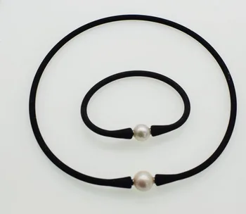 Sladkovodné perly v blízkosti kolo biely 10-11 mm a silikónový náramok, náhrdelník 40 cm 19 cm