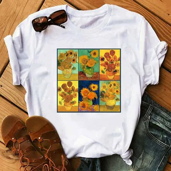 Slnečnica Vytlačené Tričko Van Gogh Art Tee Košele Módne Ženy Topy Tee Harajuku T-shirts Žena Tee Šaty Camiseta Femina