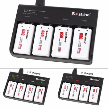 Soshine 4 Sloty 9V Batéria Inteligentné Nabíjačky s LED Indikátor + 4pcs 9V 6F22 Vysokou Kapacitou 650mAh Li-ion Nabíjateľná Batéria