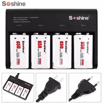 Soshine 4 Sloty 9V Batéria Inteligentné Nabíjačky s LED Indikátor + 4pcs 9V 6F22 Vysokou Kapacitou 650mAh Li-ion Nabíjateľná Batéria