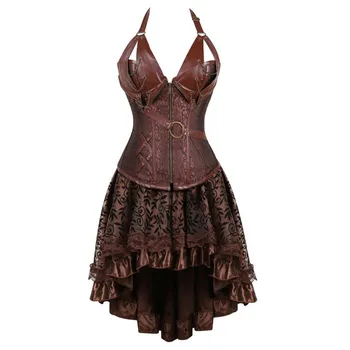 Steampunk bustier korzet, šaty plus veľkosť čierna hnedá zips, čierna faux kožený korzet s sukne gotický punk paródia pirát