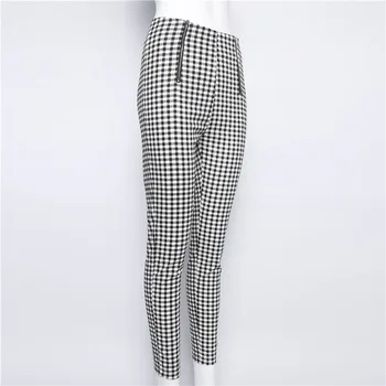 Streetwear módy šachovnica, na zips, vysoký pás, ceruzky nohavice Bežné ženy, čierne biele kockované kockované nohavice Ženy nohavice