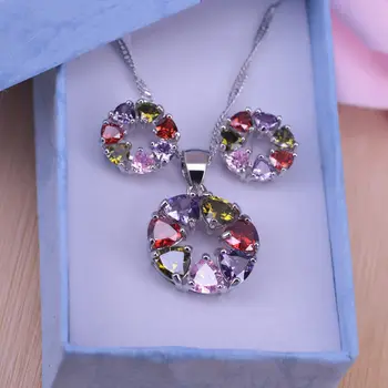 Strieborné farebné šperky Hoop náušnice-náhrdelník sada pre ženy Muliticolor kruhové námestie Kubický Zirkón Šperky čo najlepšie predstaviť nový štýl