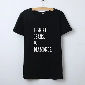 T-shirt, Jeans Diamons Vytlačené Krátky Rukáv T Košele pre Ženy Lete O-krku Bavlna Tee Tričko Femme Black Biele Tričko Ženy Top