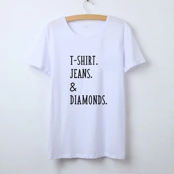 T-shirt, Jeans Diamons Vytlačené Krátky Rukáv T Košele pre Ženy Lete O-krku Bavlna Tee Tričko Femme Black Biele Tričko Ženy Top