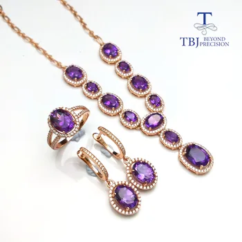 TBJ,Jednoduché klasické Šperky set náhrdelník krúžok náušnice s prírodnými ametyst drahokam v 925 silver špeciálne šperky, darček pre ženy