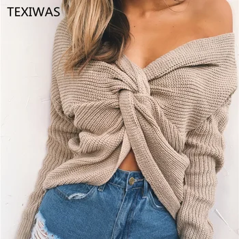 TEXIWAS 2018 nové Pozitívne a negatívne nosiť dlhé rukávy V-krku sveter módne multi-farebné mimo rameno dámske oblečenie