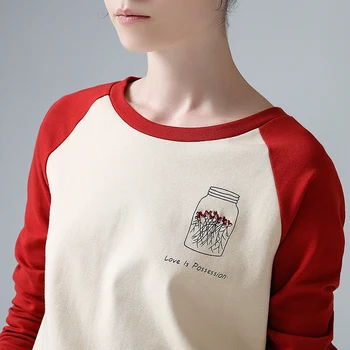 Toyouth Ženy Topy Kolo Krku Vyšívané Tlač Dlhý Rukáv Kontrastné Farby, Dizajn Bežné T-shirt