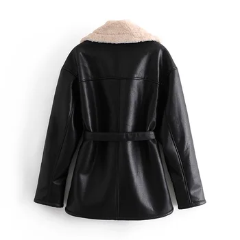 TRAF 2020 módne dámy hrubé zimné teplého pásu zrnitý faux kožené sako bunda retro dlhý rukáv dámske sako streetwear