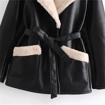 TRAF 2020 módne dámy hrubé zimné teplého pásu zrnitý faux kožené sako bunda retro dlhý rukáv dámske sako streetwear