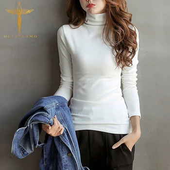 Turtleneck Farbou Štíhle Ženy T-shirt Biely Elegantný kórejský Tričko s Dlhým Rukávom Office Lady Žena Tričko Basic Topy Tees