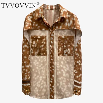 TVVOVVIN 2020 nové zase dole golier plné rukávy leopard vytlačené vrecku patchwork singel svojim tričko ženská blúzka 6SRQ
