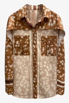 TVVOVVIN 2020 nové zase dole golier plné rukávy leopard vytlačené vrecku patchwork singel svojim tričko ženská blúzka 6SRQ