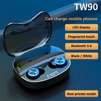 TW90 Bezdrôtová 5.0 TWS Slúchadlá, LED Displej, Dotykové Ovládanie Handsfree Slúchadlá s Mikrofónom pre Hovor, Hudba, Šport