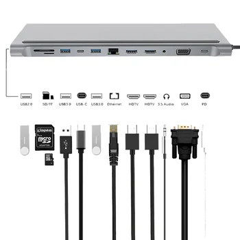 Typ C ROZBOČOVAČ na USB 3.0 SD/TF Kariet Dual HDMI 4K RJ45 VGA USB HUB Pre MacBook Príslušenstvo USB Rozbočovač Multi ROZBOČOVAČ USB-C HUB