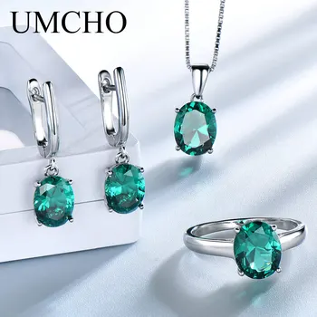 UMCHO Elegantné 925 Sterling Silver Prívesky, Náhrdelníky Prstene, Náušnice Nano Emerald Svadobné Šperky Sady Pre Ženy S Poľa Reťazca