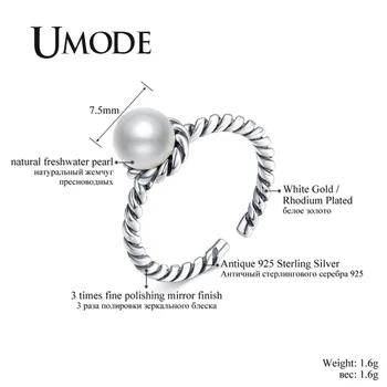 UMODE Luxusné Značky 925 Sterling Silver Pearl Prstene pre Ženy Nastaviteľné Otvoriť Šperky Príslušenstvo bague femme argent 925 ULR0278