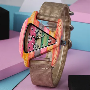 Unqiue Dámy Trojuholník Multi-Farba Bamboo dámske Hodinky arabské Číslice Analógový Žena Nylon Kapela náramkové hodinky Nové Módne 2020