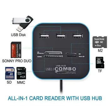USB 2.0 Čítačka Kariet 3 Port Rozbočovača USB Combo vysokorýchlostné Externé Pamäte, MS M2 SD, MMC TF Pamäťovú Kartu, Všetko V Jednom Adaptér Podpory PC