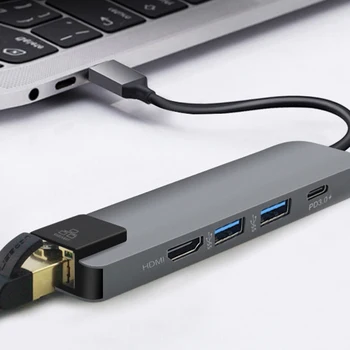 USB C Typ C ROZBOČOVAČ na USB 3.0 HDMI PD Plnenie RJ45 Gigabit Ethernet Adaptér Typ-C 5 v 1 Konvertor Pro Okno Mac OS