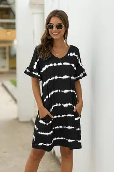 V Lete Roku 2020 Krátky Rukáv Pruhované Šaty Voľné Ženy Šaty, Sexy Modrá Plážové Šaty Módne Dámske Čierne Krátke Šaty Vestidos