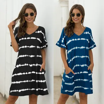 V Lete Roku 2020 Krátky Rukáv Pruhované Šaty Voľné Ženy Šaty, Sexy Modrá Plážové Šaty Módne Dámske Čierne Krátke Šaty Vestidos