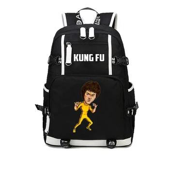 V číne Kung Fu Tlač Cartoon Plátno Batoh Bruce Lee Batoh Pre teenagerov Študent bookbag Ramenní taška Notebook Batoh