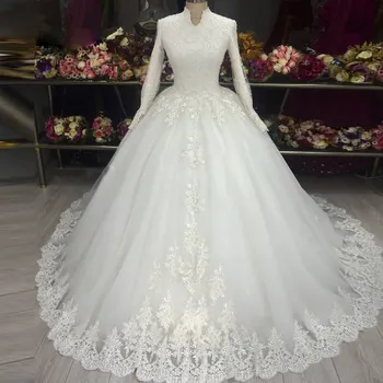 Vestido De Noiva Plus Veľkosť Vysoká Krku Čipky Nášivka plesové Šaty, Svadobné Šaty 2021 Dlhý Rukáv Moslimských Svadobné Šaty pre Ženy