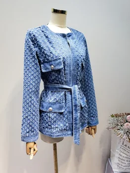 Vintage Blue Denim Jacket S Pásom V Strede Zúžený Roztrhlo Hole Ženy Kabát 2019 Jeseň Dlhý Rukáv Vrecká Streetwear Nové