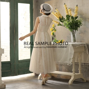 VINTEAGE Šampanské podšívka čipky šaty čaj dĺžka ženy normálna denne jeden kus šaty svadobné šaty bridesmaid, šaty real foto