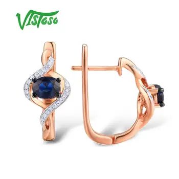 VISTOSO Zlaté Náušnice Pre Ženy, Skutočné 14K 585 Rose Gold Svetelný Blue Sapphire Luxury Diamond Vintage Výročie Jemné Šperky