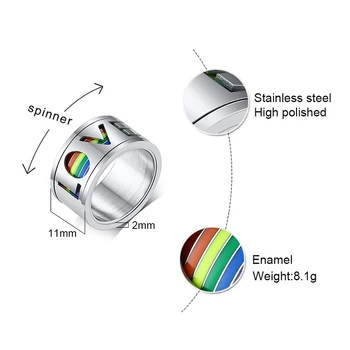 Vnox Robustný 11 mm Spinner Mužov Krúžok Smalt Rainbow Linky Prst Kapela Otočná Dutá Nerezová Oceľ LÁSKA LGBTQ Šperky
