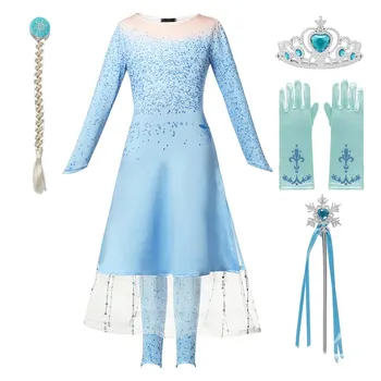 VOGUEON Dievčatá Nové Elsa 2 Modré Princezná Šaty s Dlhým Rukávom Šaty Snehová Kráľovná a Dole 2 Balíčky Halloween Christmas Party Kostým