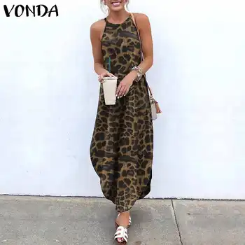VONDA 2021 Vintage Šaty Letné Sexy bez Rukávov Leopard Vytlačené Maxi Dlhé Šaty Plus Veľkosť České Vestidos Pláži Sundress