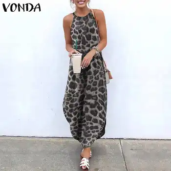 VONDA 2021 Vintage Šaty Letné Sexy bez Rukávov Leopard Vytlačené Maxi Dlhé Šaty Plus Veľkosť České Vestidos Pláži Sundress
