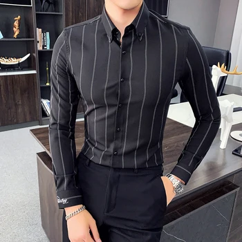 Vysoká Kvalita Mužov Šaty, Tričko Dlhý Rukáv Vertikálne Pruhy Tričko Mužov Slim Fit 2020 Bežné Formálne Oblečenie Business Košele Mužov Oblečenie