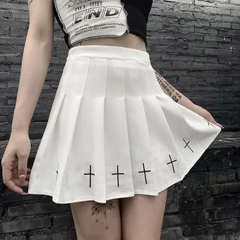 Vysoký Pás Mini Black Sukne Gotický Streetwear Kríž Tlačiť Skladaný Ženy Sukne Bežné College Lolita Harajuku Sukne