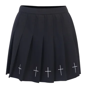 Vysoký Pás Mini Black Sukne Gotický Streetwear Kríž Tlačiť Skladaný Ženy Sukne Bežné College Lolita Harajuku Sukne