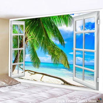 Výhľad na more Izba Gobelín 3D Vytlačené Veľké Nástenné Gobelíny Boho Hippie Domova Mora Coconut Tree Stene Visí Pláži Ručné Umývanie Tkané