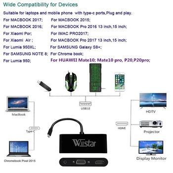 WIISTAR 3 v 1, USB, C, HDMI Adaptér 4K Typ-C-HDMI/VGA/Audio/USB 3.0 Port Converter pre MacBook