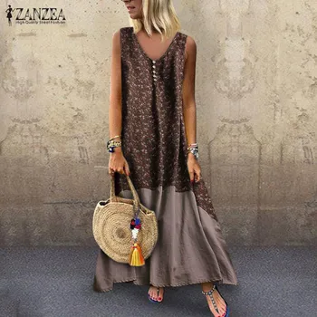 ZANZEA 2021 Žien Tlačené Šaty Letné Sundress Vintage Patchwork Kvetované Košele Vestidos Žena V Krku Župan Kaftan Plus Veľkosť