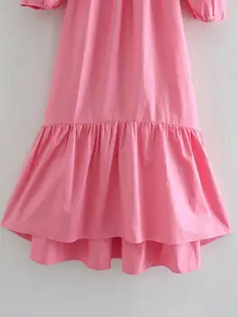 ZEVITY ženy fashion square golier lístkového rukávom ružovej farby midi šaty žena lem zloženke volánikmi bežné vestido elegantné šaty DS4425