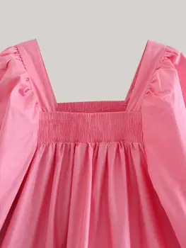 ZEVITY ženy fashion square golier lístkového rukávom ružovej farby midi šaty žena lem zloženke volánikmi bežné vestido elegantné šaty DS4425