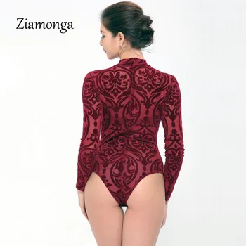 Ziamonga Čierna Červená Modrá Sexy Turtleneck Oka Kombinézu 2017 Transparentné Oka Tlač Dlhý Rukáv Sexy Kombinézu Ženy Jumpsuit C2915