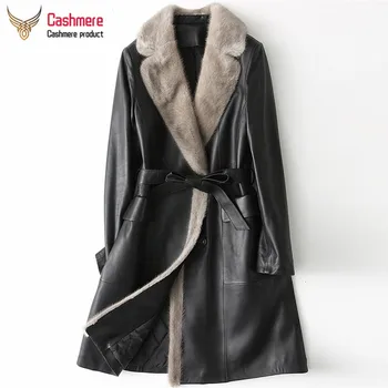 Zimná kožená bunda ženy ovčej vlny kabát Plus veľkosť 3XL Hrnú Zahustiť teplé kožený kabát žena