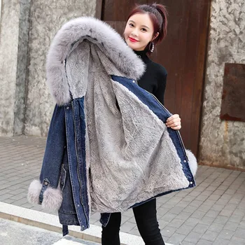 Zimné Ženy, baránok cashmere Hrubý Denim Jacket Voľné Teplý Kabát Bežné kórejský Kapucňou Žena Jean vrchné oblečenie Topy 2020