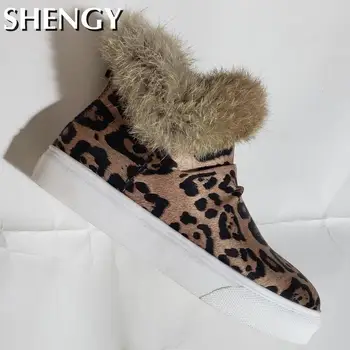 Zimné Ženy Non-Sklzu Snehu Topánky Slip-On Teplým Stádo Kožušiny Topánky Žien Leopard Stádo Bežné Outdoorové Topánky Platformu pre Ženy