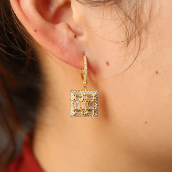 Zlatá farba iskrenie bling bageta cubic zirconia cz šperky visieť námestie kúzlo geometrické módne dievča ženy náušnice šperky