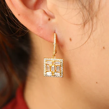 Zlatá farba iskrenie bling bageta cubic zirconia cz šperky visieť námestie kúzlo geometrické módne dievča ženy náušnice šperky