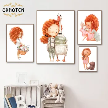 Zlaté Kučeravé Vlasy Dievčatko s Králik Plagát Ružová Princezná a Zvierat Plátno na Maľovanie pre Baby detská Izba Moderného Domova